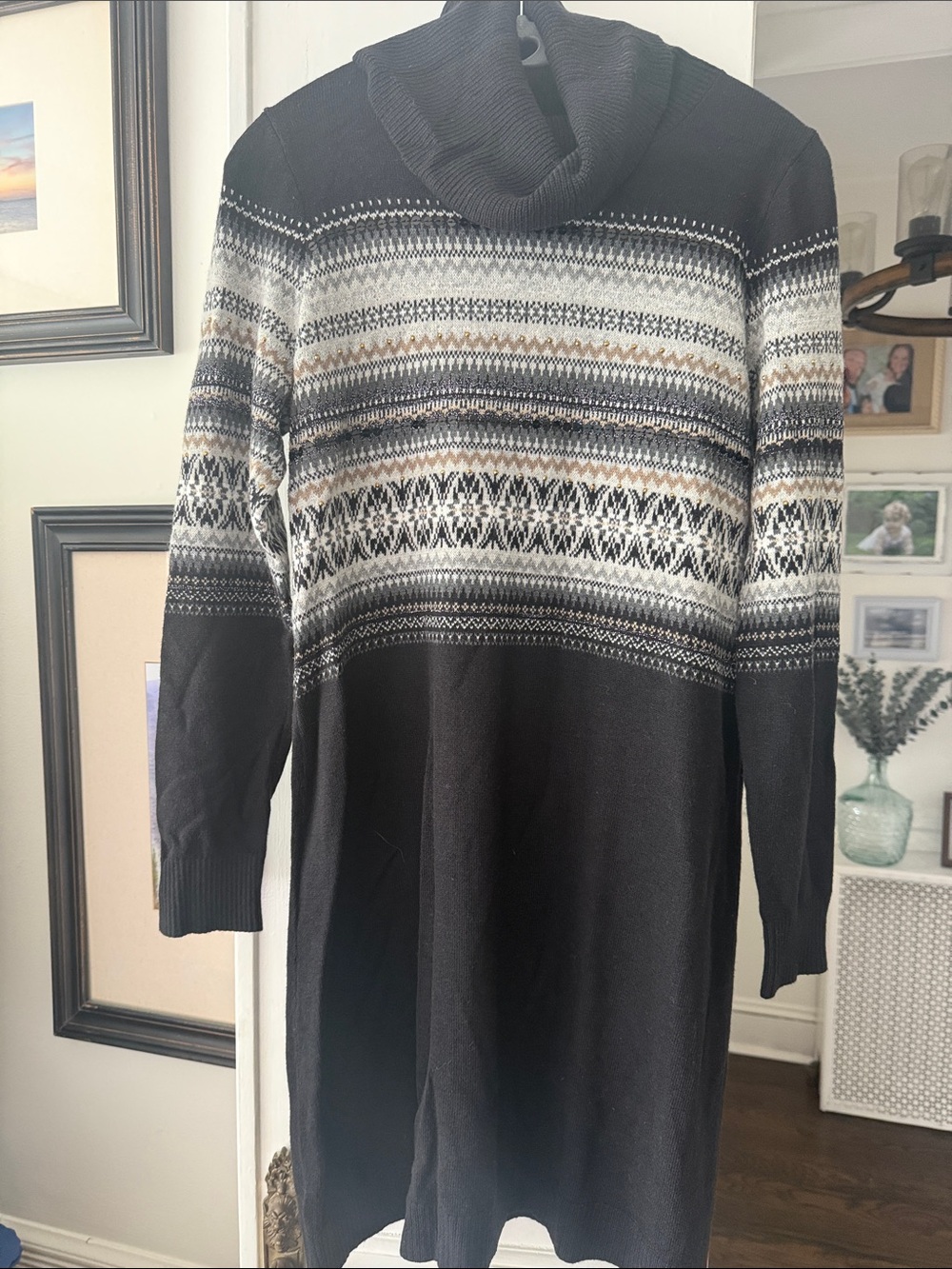 LOFT Black Turtleneck Fair Isle Knit Sweater